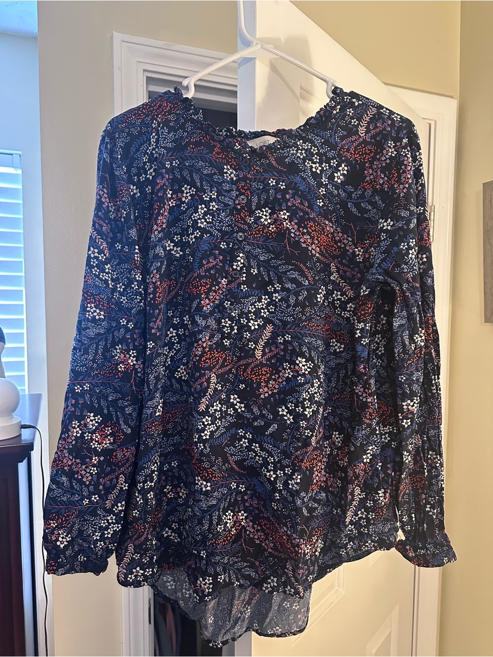 LOFT Navy Floral Long-Sleeve Blouse with Red and White Accents